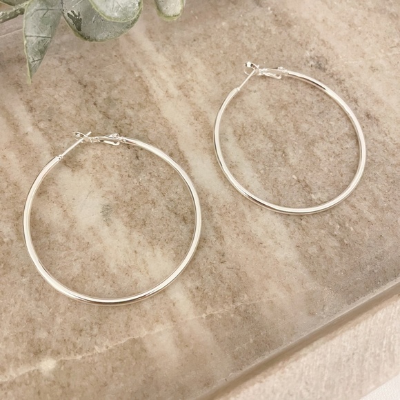 925 Sterling Silver Hoop Earrings Large Thin Silver Hoops Modern Earrings - Picture 3 of 6
